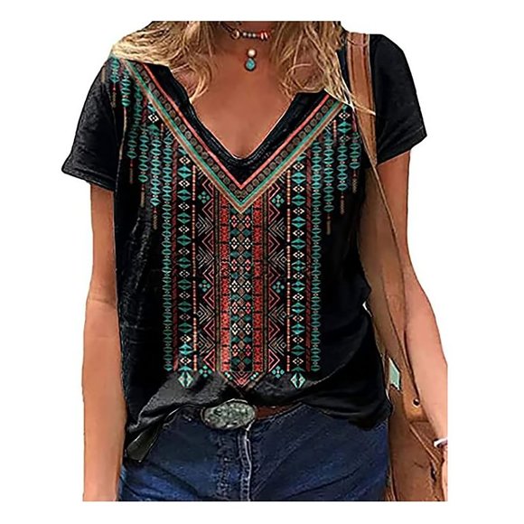 Casual Summer V Neck Short Sleeve Shirt Western Aztec Blue Coral Diamond Print - Picture 2 of 2